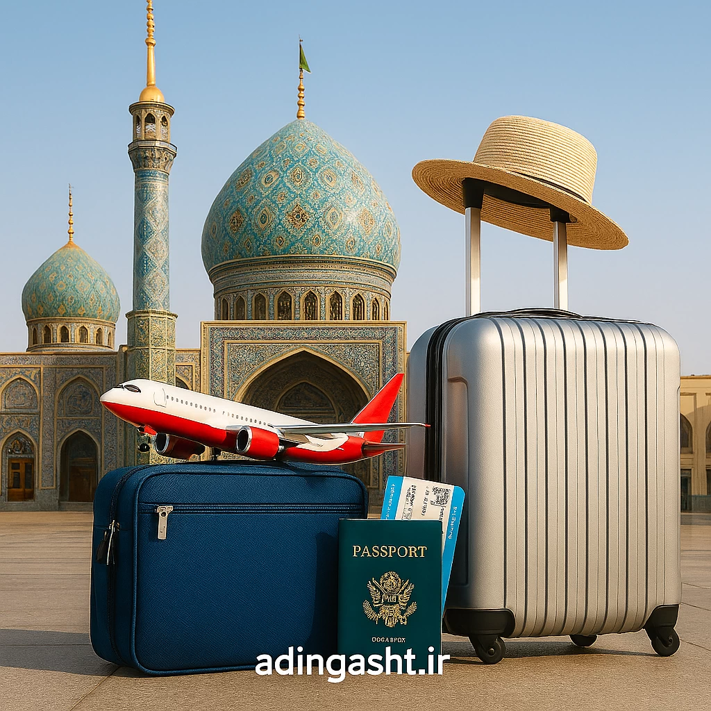 تصویر آژانس مسافرتی معتبر در قم با برچسب adingasht.ir هویت برند درج شده که ترکیبی از معماری سنتی قم (گنبد و مناره‌های فیروزه‌ای) با المان‌های مدرن سفر مثل چمدان، هواپیما، پاسپورت و بلیط دیده می‌شود.